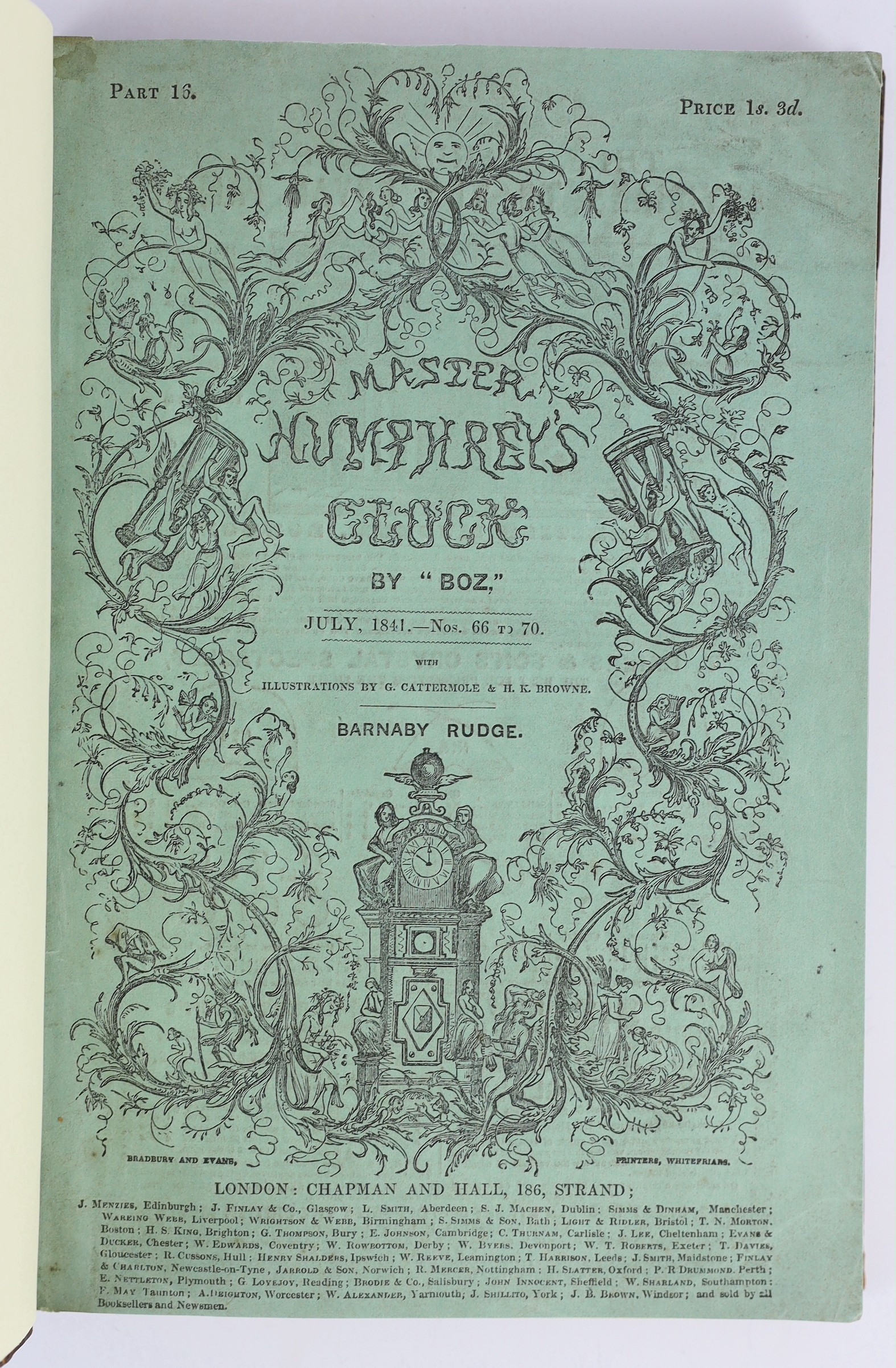 Dickens, Charles - Master Humphrey’s Clock, 1st edition in book form, 3 vols, 8vo, later quarter calf with marbled boards, renewed end papers, illustrated by George Cattermole and Halbot K. Browne (‘’Phiz’’), front page